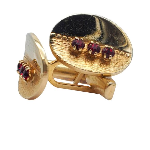 Retro Red Crystal Oval Cufflinks Gold Tone MCM Brushed Polished Metal Jewelry - Picture 8 of 9